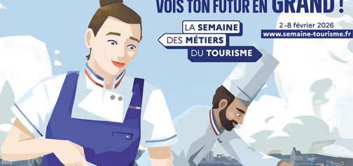 Semaine des métiers du Tourisme 2026 ; deux cuisiniers géants cuisinent surplombant une ville.